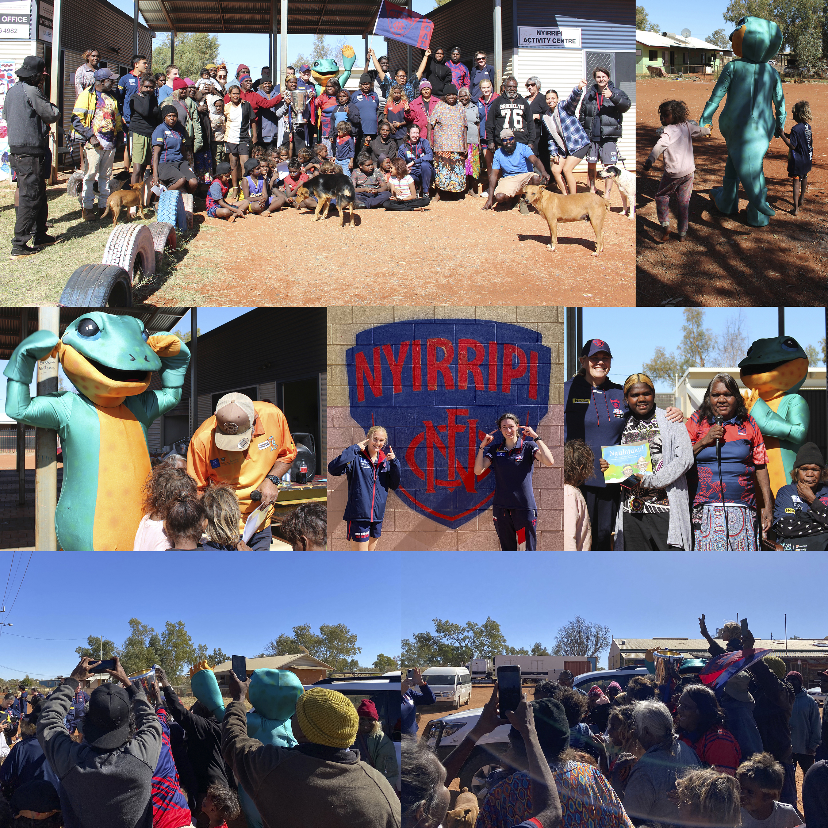 a selection of images in Nyirripi community. Whole community group photos, Milpa holding hands with kids, the community mobbing the premiership cup and milpa! 