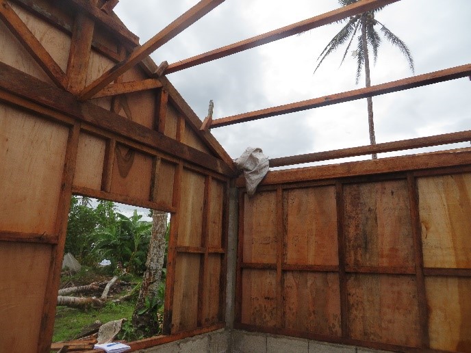 View to tropical jungle with fallen trees taken from inside an empty structure with exposed walls and no roof and House i