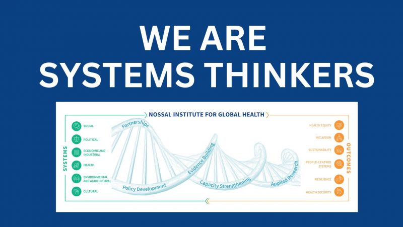 We are Systems Thinkers is in White text on a Blue Background.  There is a graphic with a Helix - it is connecting Systems and Outcomes