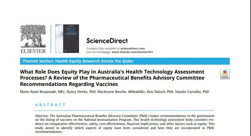 Image for New Publication:  What Role Does Equity Play in Australia’s Health Technology Assessment Processes? A Review of the Pharmaceutical Benefits Advisory Committee Recommendations Regarding Vaccines