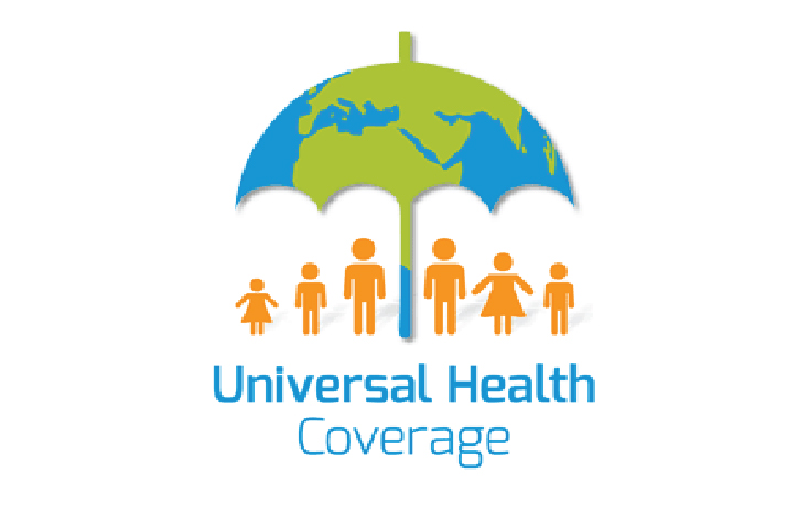 Graphic of the world as an umbrella. There are orange figures  representing woman, men and children are sheltering under the umbrella.  The text is blue and syas Universal Health Coverage 