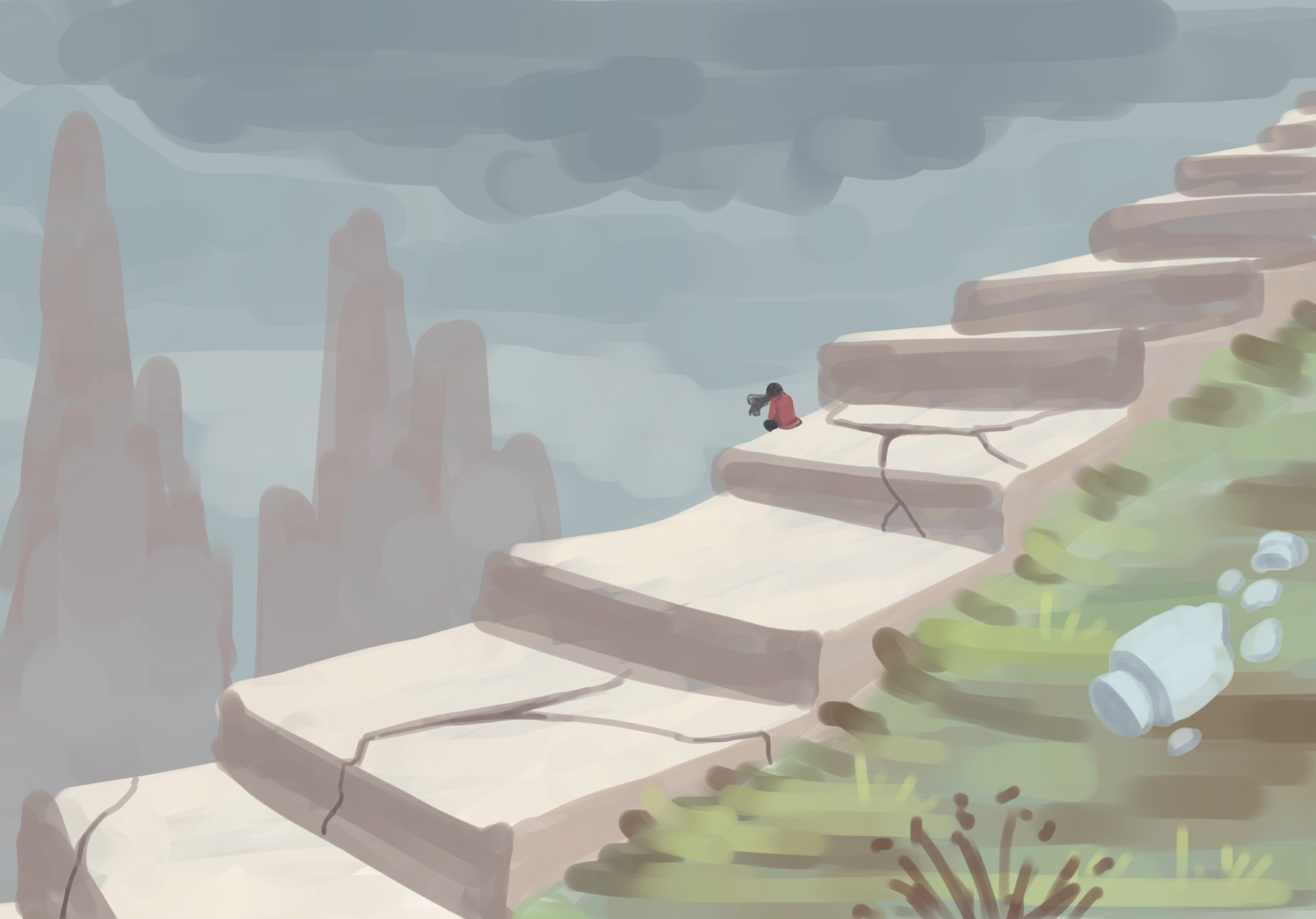 Painting with broken stone stairs on the side of a mountain cliff