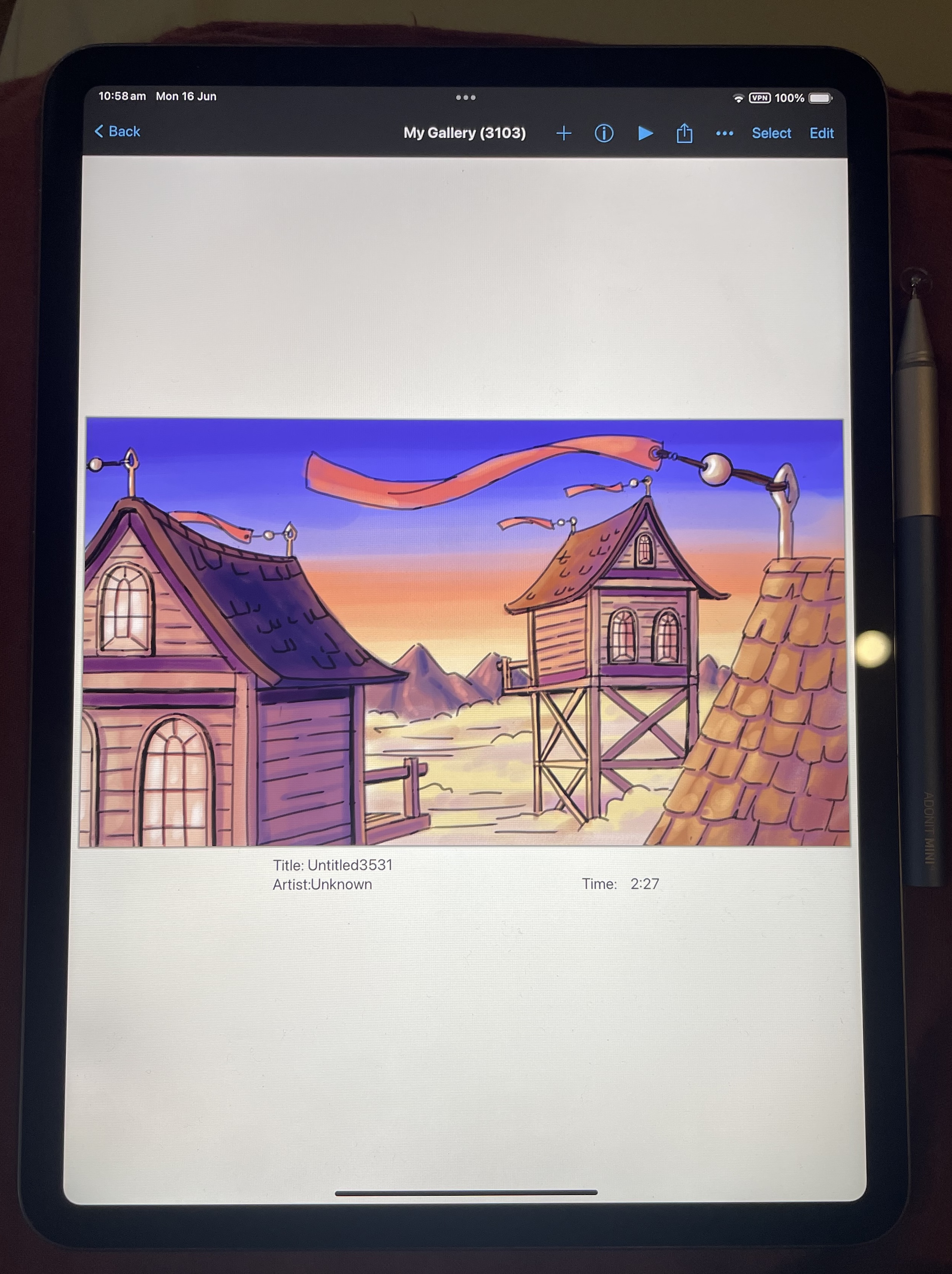 Photo of Ashley's ipad, an illustration she has made is on the screen. The illustration has wooden houses above the clouds