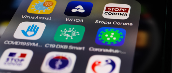 Closeup of mobile phone screen with choice of international corona tracking app