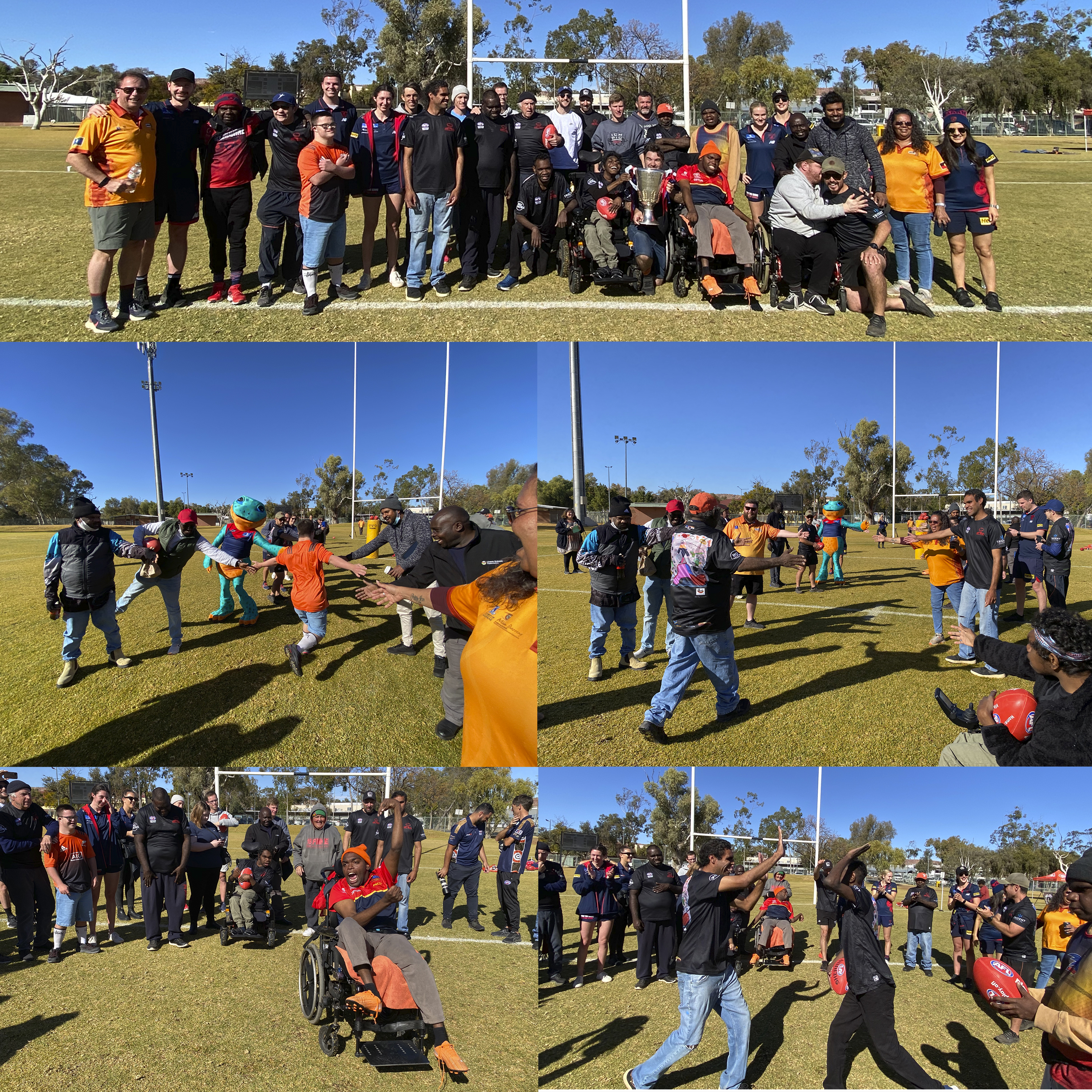 a selection of images of participants of the footy 4 life program, cheering, high 5s, kicking the footy, celebrating together