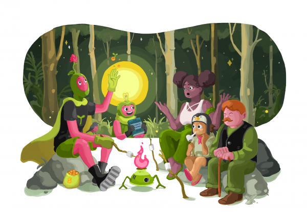 Climate Superpowers artwork showing characters around a campfire talking