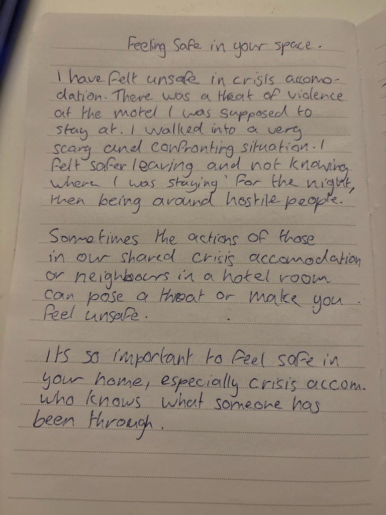 Photograph of Siena's written reflection on Feeling Safe in your space