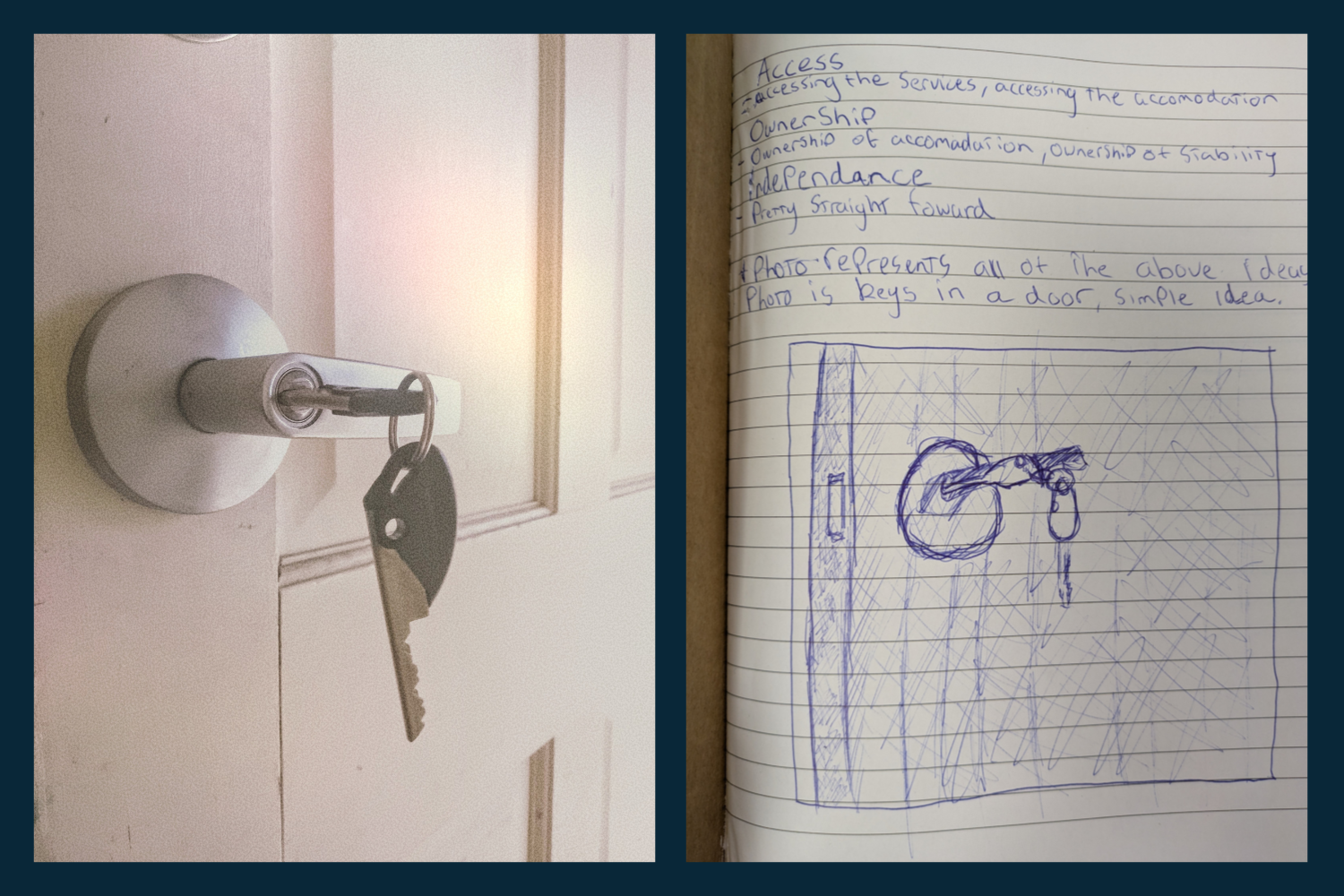One photo showing a key on a door, and another photograph of a drawing of the same photo