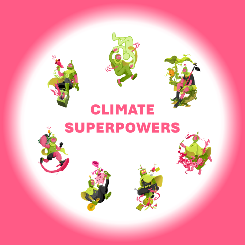 Climate Superpowers tile with illustrations for each of the 7 superpowers