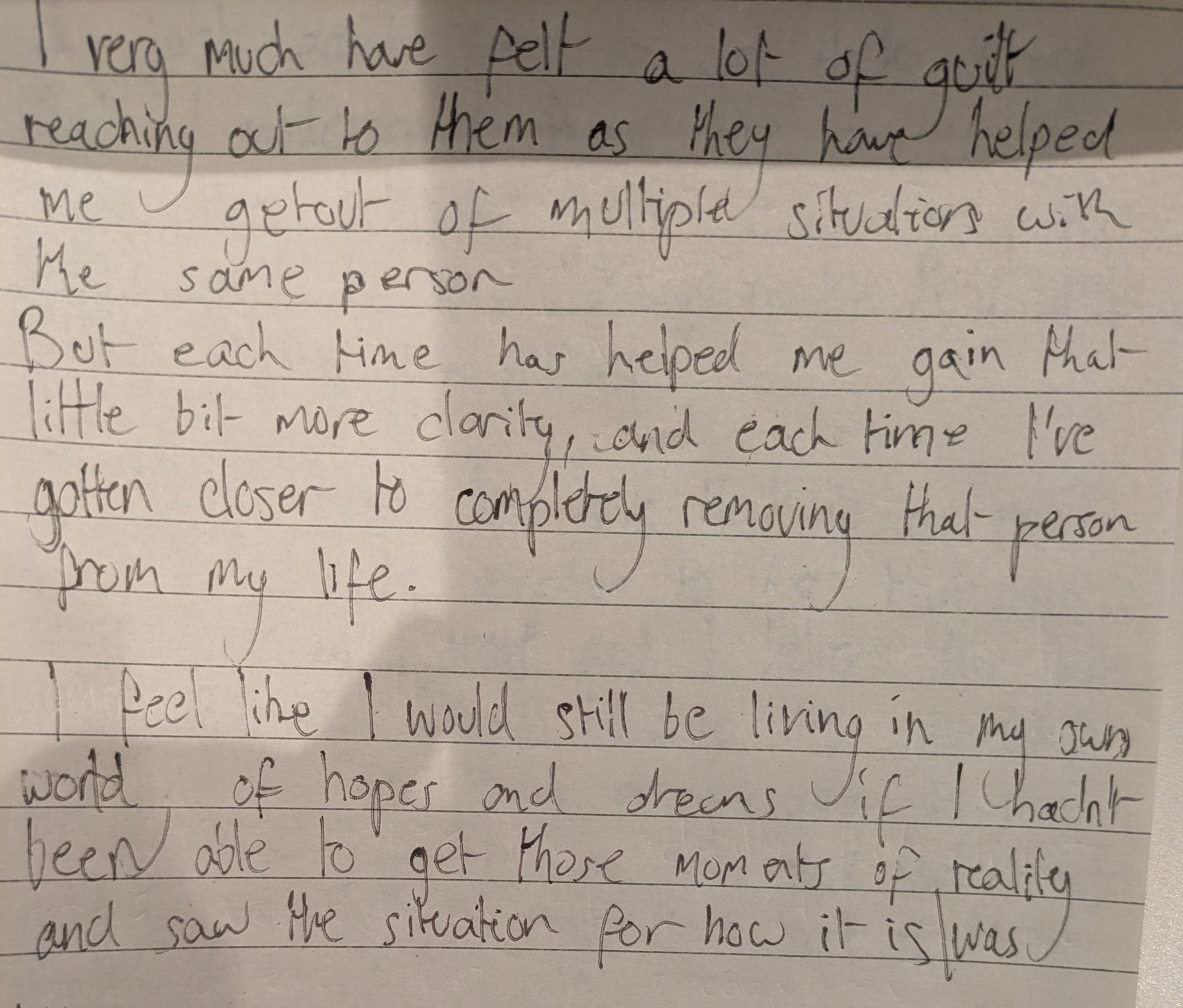 Photo of a written reflection by Grace