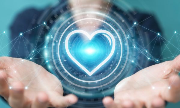 outstretched palms with love heart and data points
