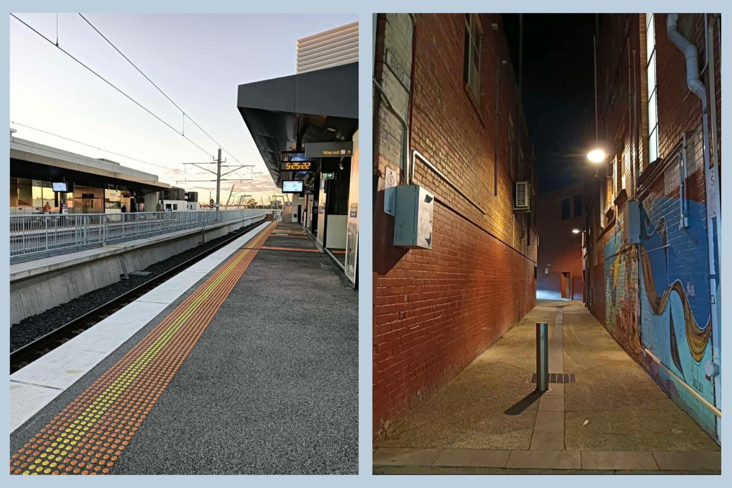 Two photographs. Left: the view along an empty train platform. Right: the view down an empty brick alleyway, lit at night, with an abstract blue mural on one side.