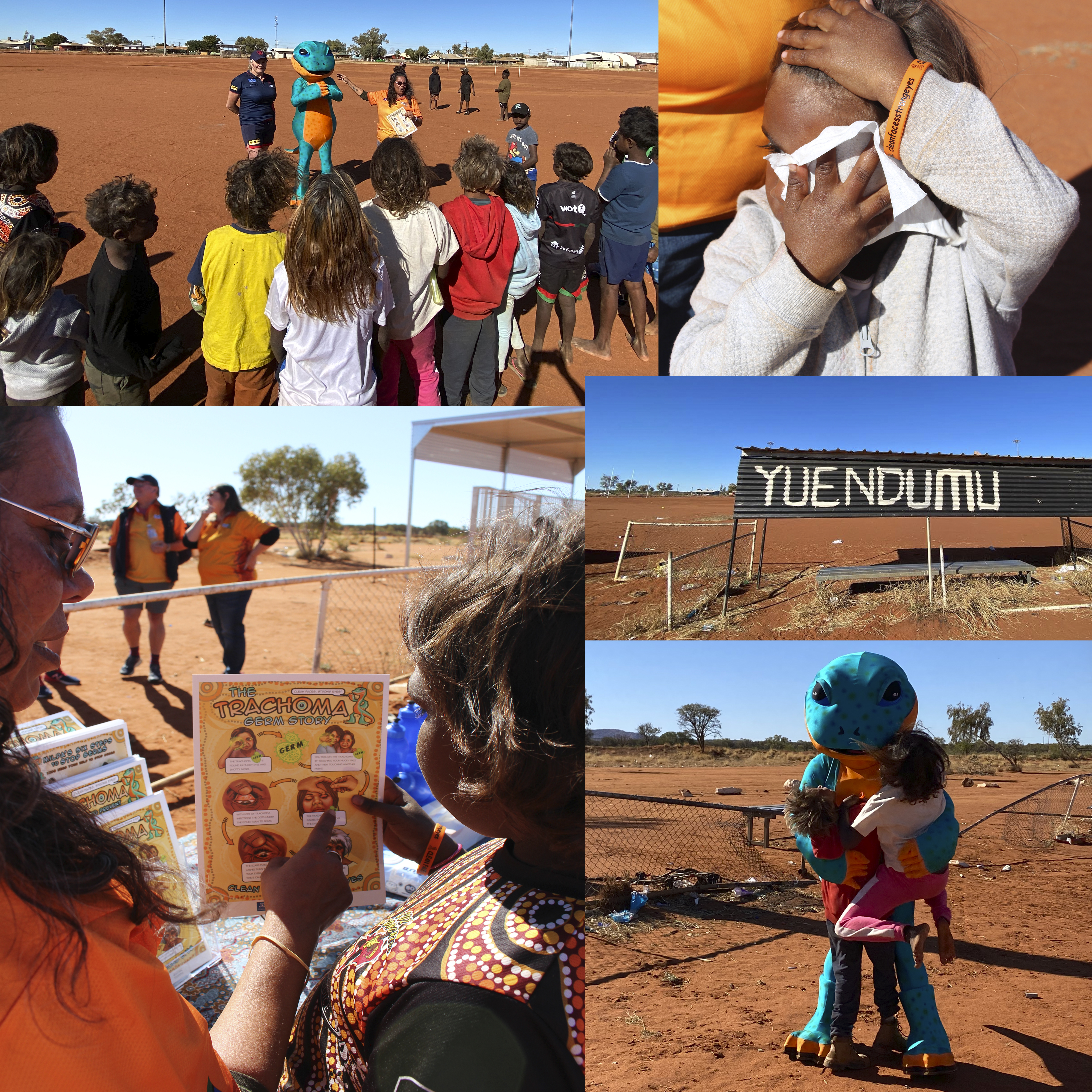 a selection of image of Milpa and Lesley with children on the oval at Yuendumu community