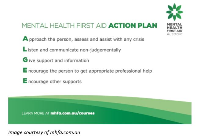 Mental Health First Aid Action Plan. Approach, Listen, Give Support, Encourage to get help, Encourage  other supor