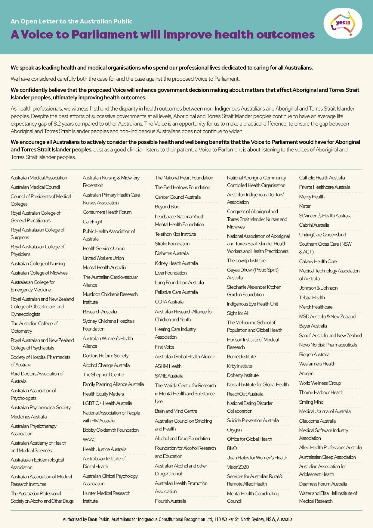 list of 125 organisations supporting the yes vote
