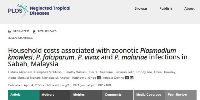 Image for New publication: Household costs associated with zoonotic Plasmodium knowlesi, P. falciparum, P. vivax and P. malariae infections in Sabah, Malaysia