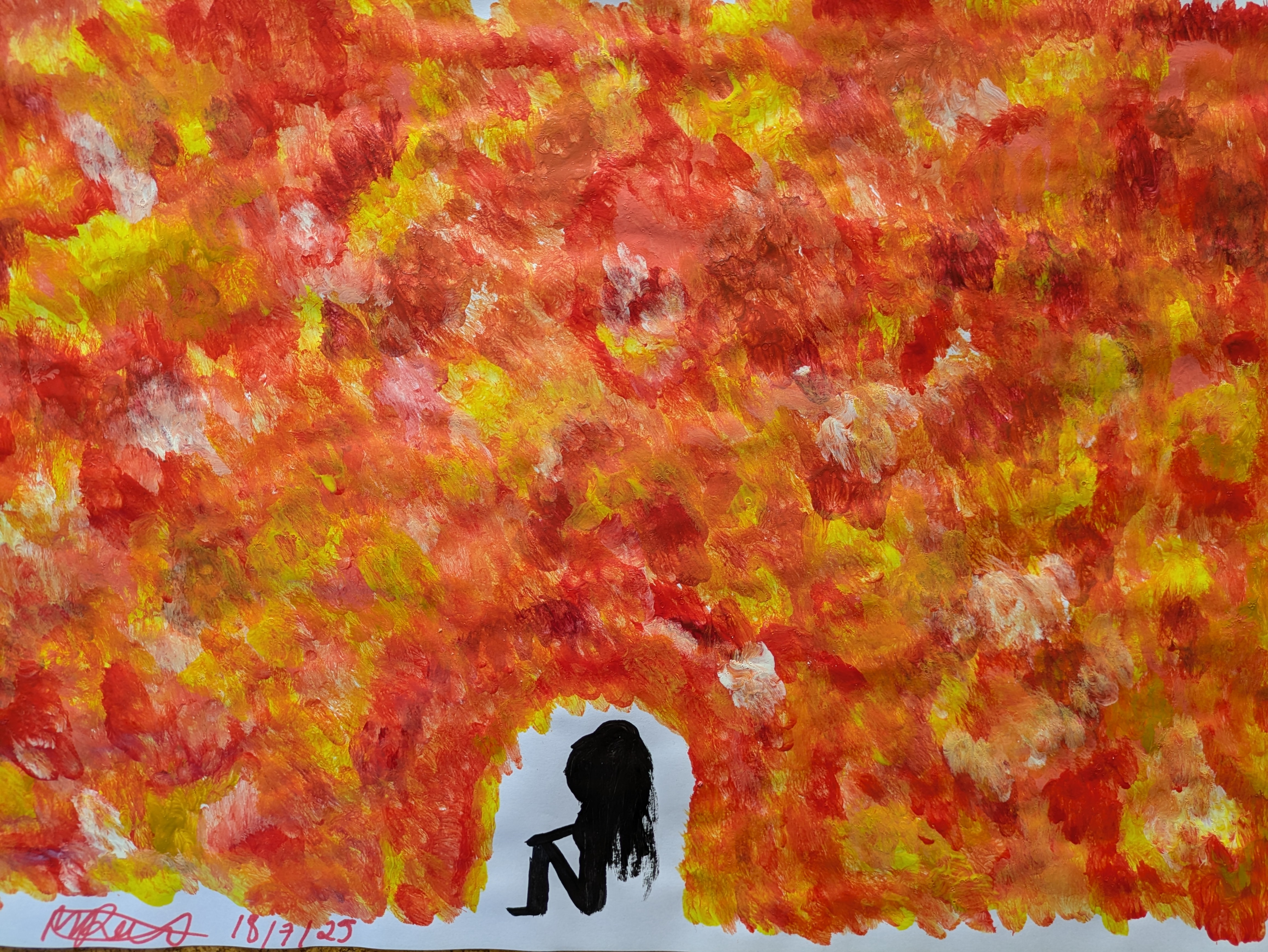 Painting of a fire around the silhouette of a girl sitting down