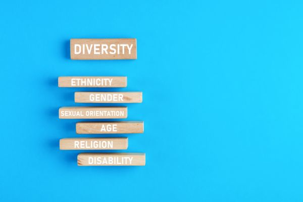 Diversity and equality concept. The subgroups or types of diversity with ethnicity, gender, age, sexual orientation, religion and disability words written on wooden blocks.