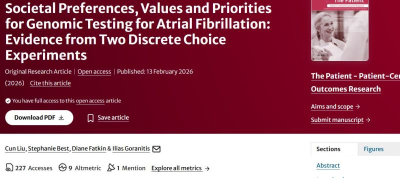 Image for New publication: Societal Preferences, Values and Priorities for Genomic Testing for Atrial Fibrillation: Evidence from Two Discrete Choice Experiments