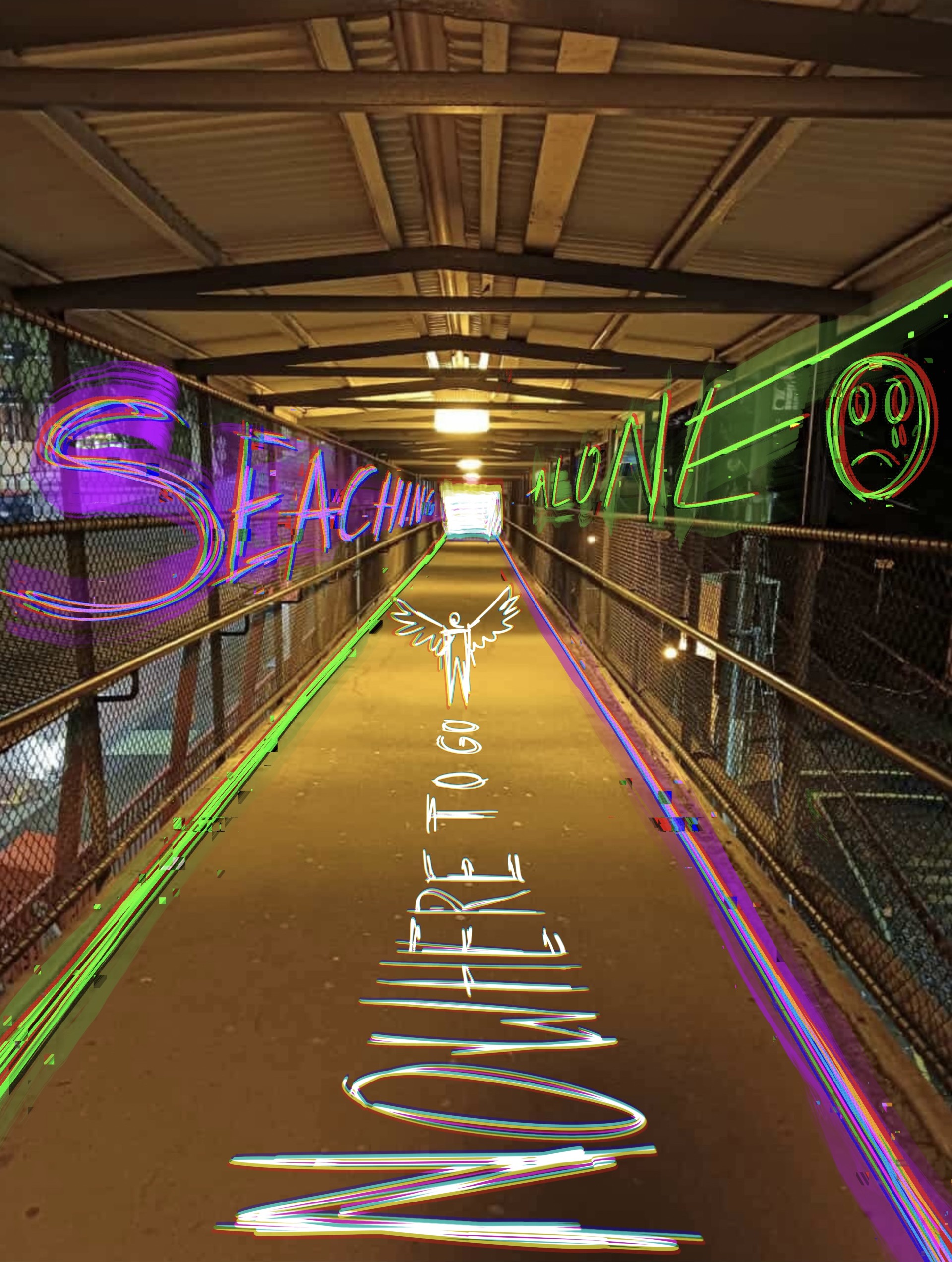 Digital illustration: On top of a photograph of a train station corridor, "Searching Alone" and "Nowhere to go" are written