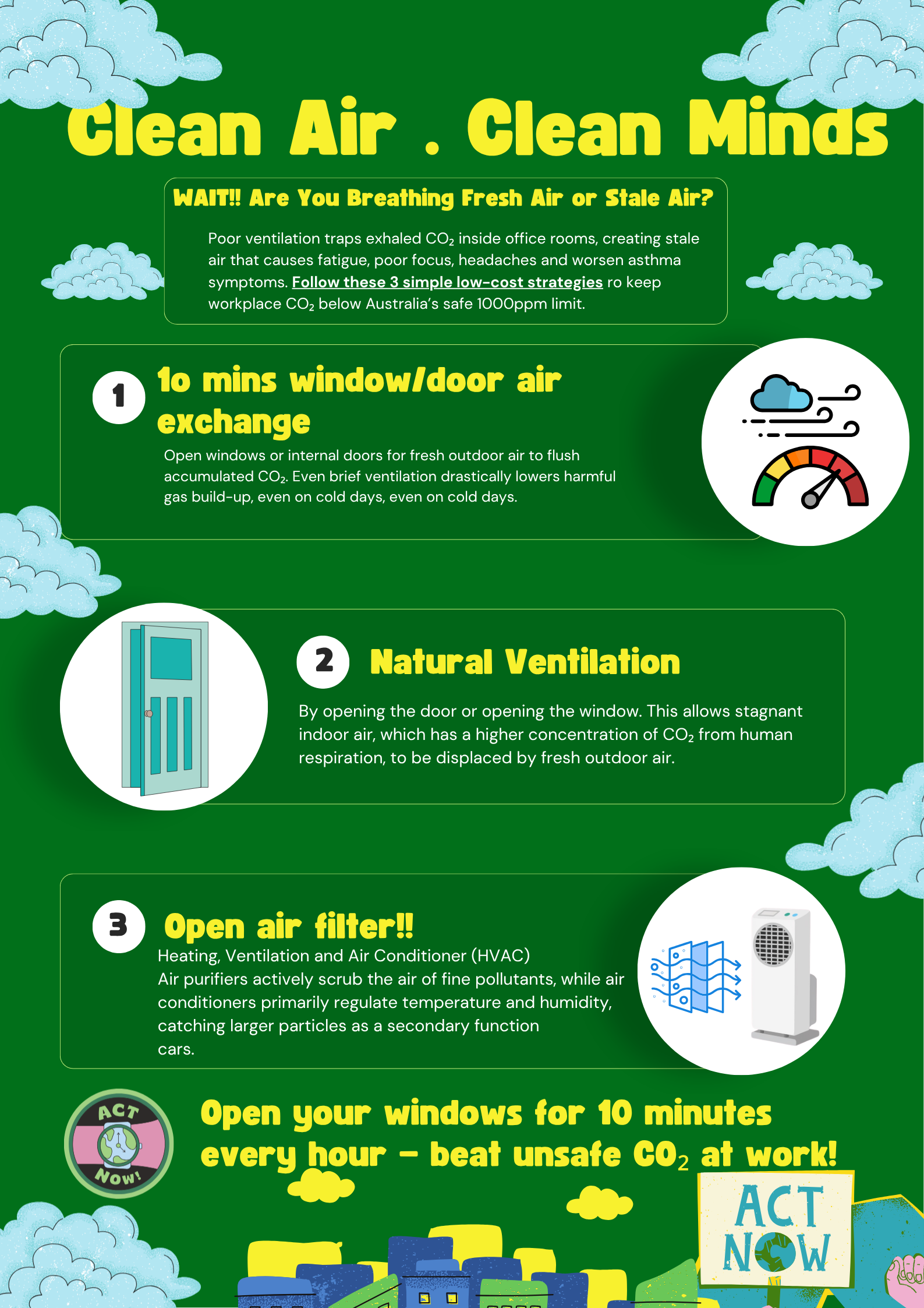 Clean air, clean minds_work experience poster 2026 A poster with a green background and decorative pictures of clouds explains how to improve air quality in office buildings.