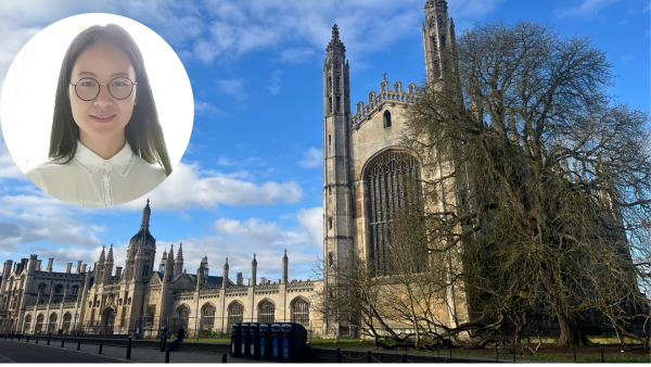 A profile image of Xuemei Zhang is overlayed on a photo of King's College Chapel in Cambridge.